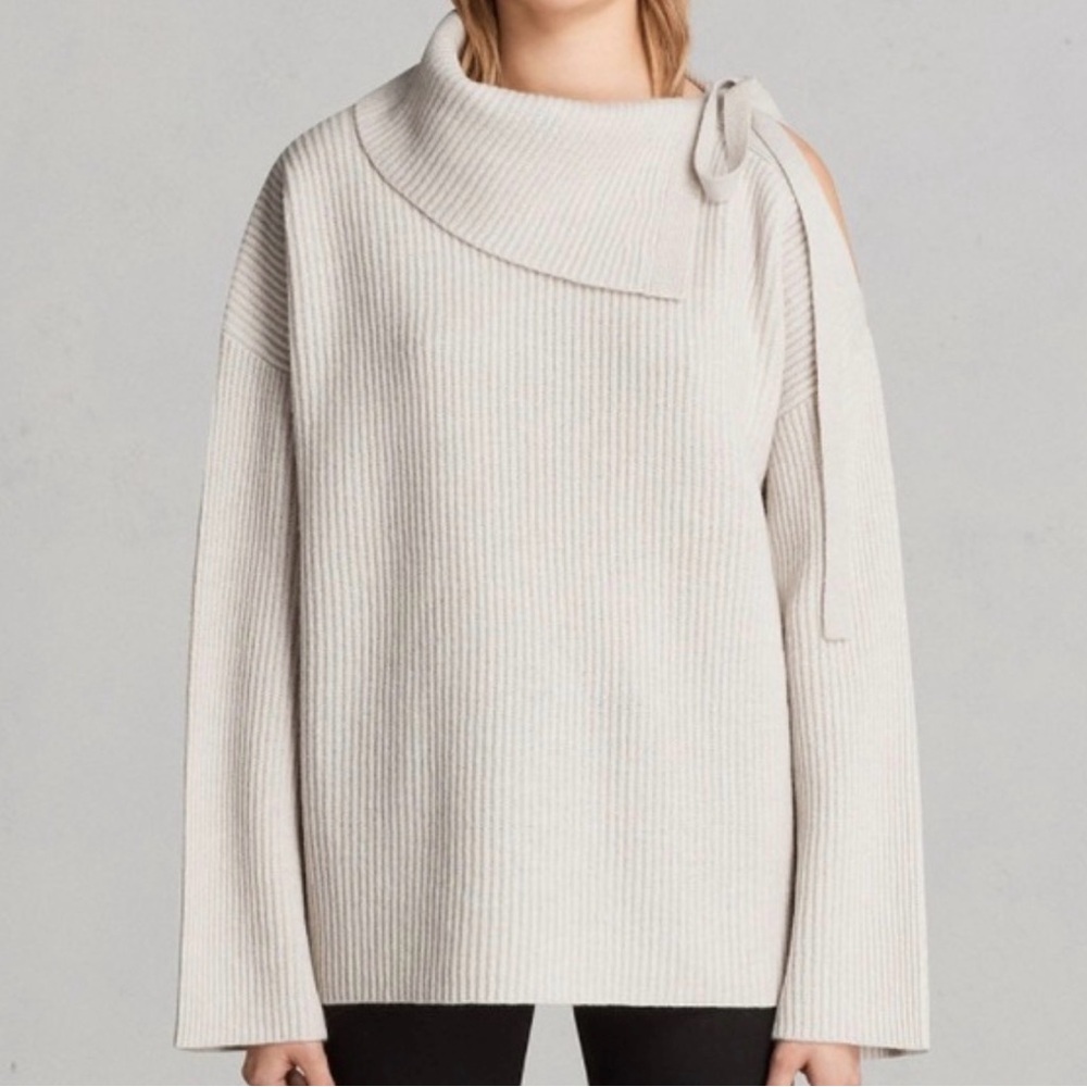 AllSaints Sura Tie Neck Sweater Wild‎ Oat tan beige bow women medium tight knit